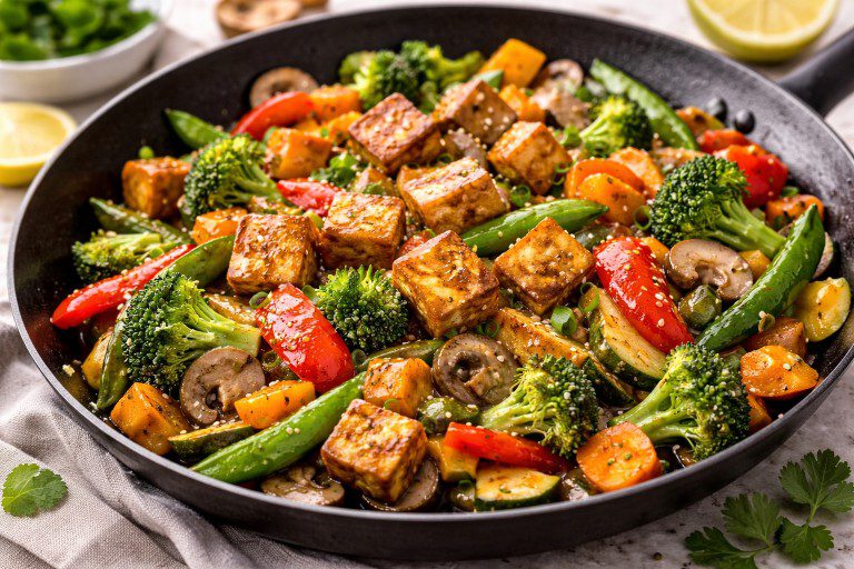 Vegan stir fry with crispy tofu, broccoli, bell peppers, carrots and sesame seeds in a wok