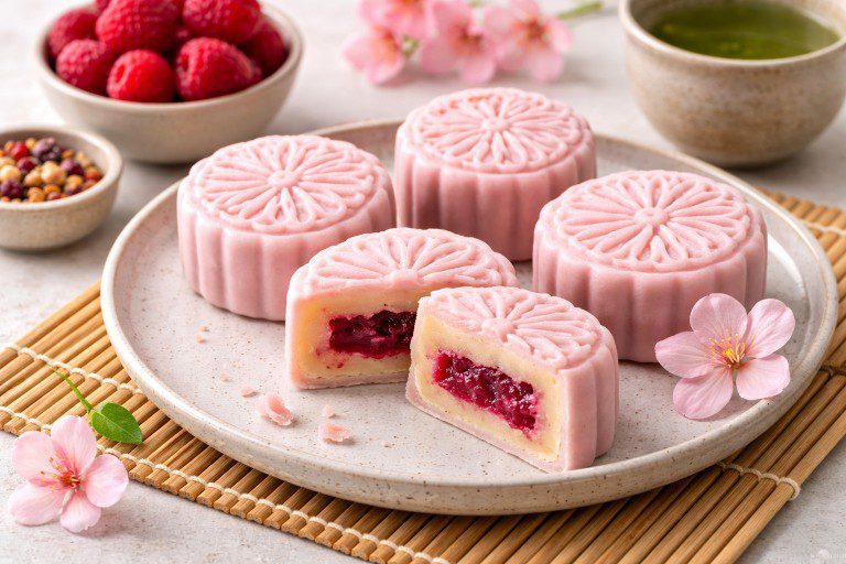 Japanese-style vegan raspberry mooncakes with pink outer layer and raspberry filling