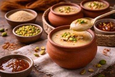 Traditional Bengali Mishti Doi served in clay pots garnished with pistachios and saffron