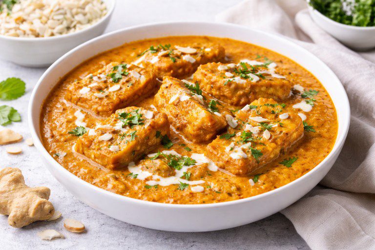 Creamy Paneer Pasanda recipe served in rich Mughlai gravy garnished with cream and coriander