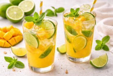Mango Lime Spritzer Mocktail served with fresh mango, lime slices and mint