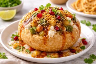 Raj Kachori filled with lentils, potatoes, curd, chutneys, sev, and pomegranate seeds