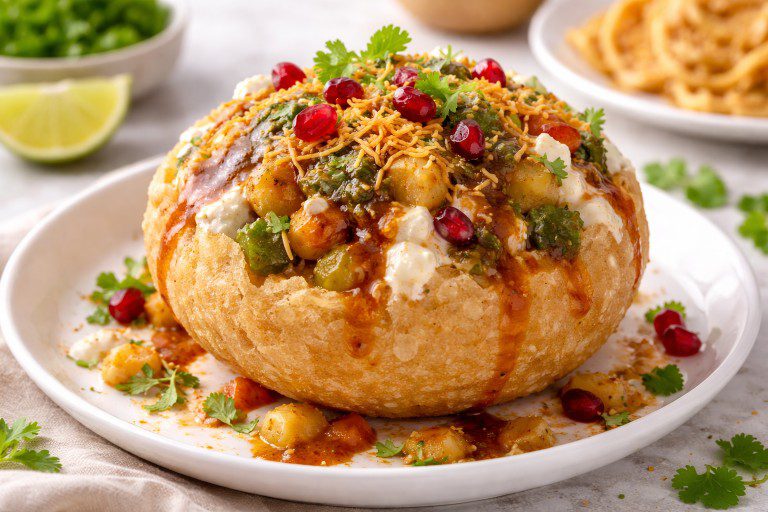 Raj Kachori filled with lentils, potatoes, curd, chutneys, sev, and pomegranate seeds