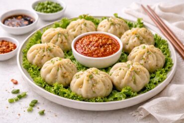 Veg momos recipe served with spicy red chutney on a white plate