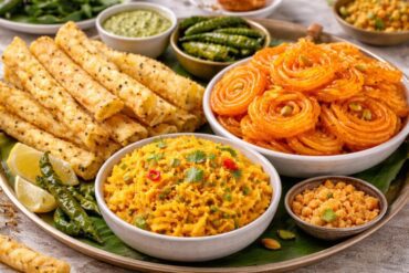 Fafda Jalebi with Papaya Sambhario served on a traditional platter with chutney and fried chilies