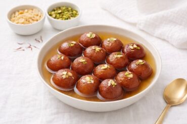 Traditional Gulab Jamun recipe served in sugar syrup garnished with pistachios and almonds
