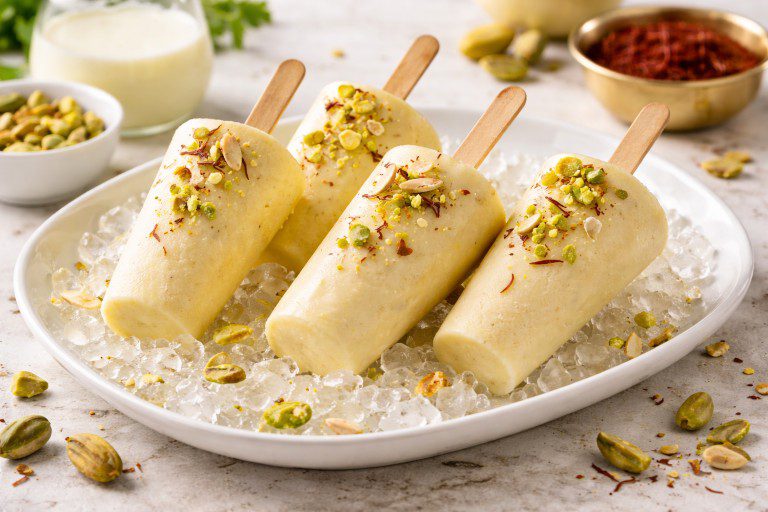 Malai Kulfi topped with pistachios and saffron served on crushed ice