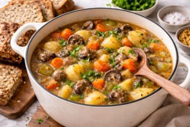 Hearty veg Irish stew with potatoes, carrots, mushrooms, and parsley in a rustic pot