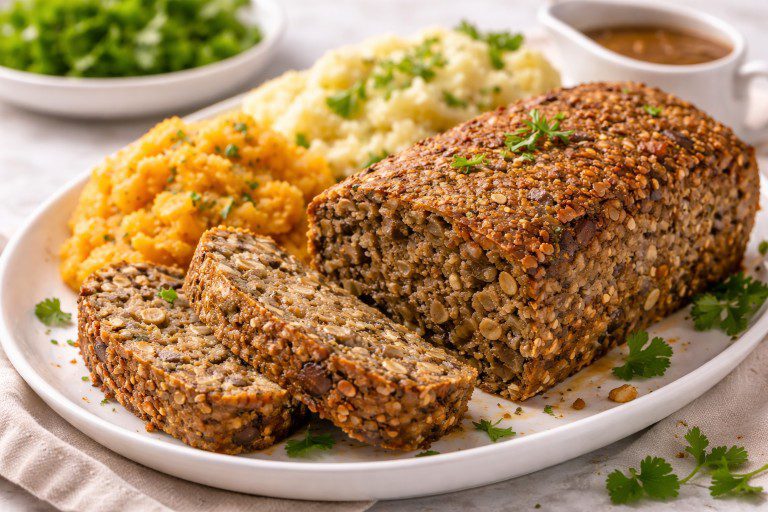 Vegan haggis served with mashed potatoes and turnips on a white plate