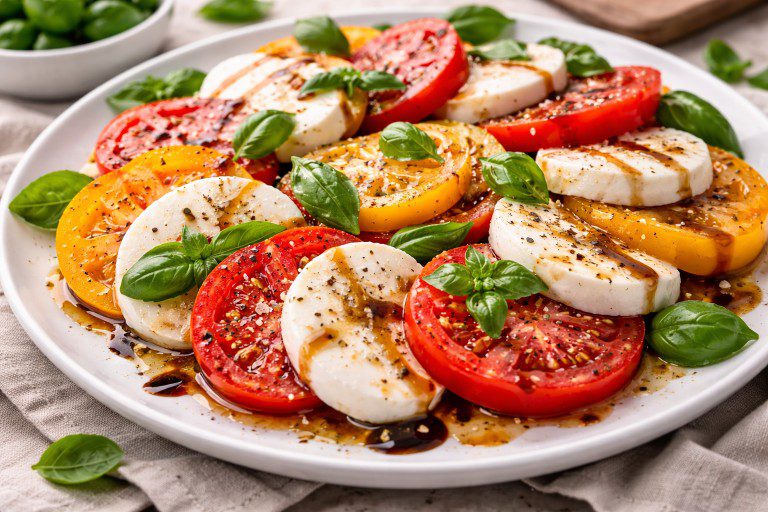 Vegan Caprese salad with juicy tomatoes, basil leaves and creamy dairy-free mozzarella drizzled with balsamic glaze