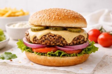 Vegan cheeseburger recipe with black bean quinoa patty and cashew cheese