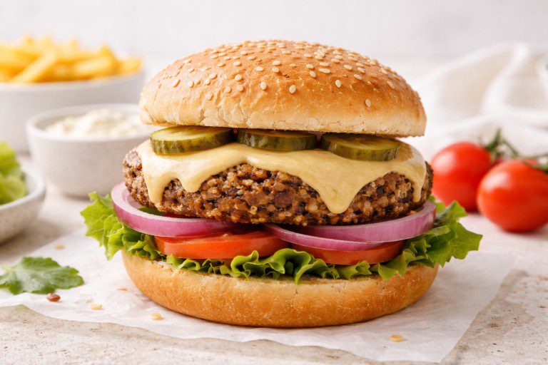 Vegan cheeseburger recipe with black bean quinoa patty and cashew cheese