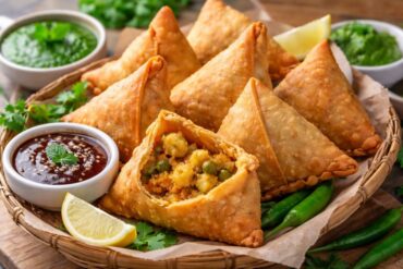 Crispy Mumbai style samosas with spicy potato filling served with mint and tamarind chutney