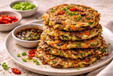 Stack of crispy Korean vegetable pancakes (Yachaejeon) served with soy dipping sauce and garnished with green onions and red chilies.