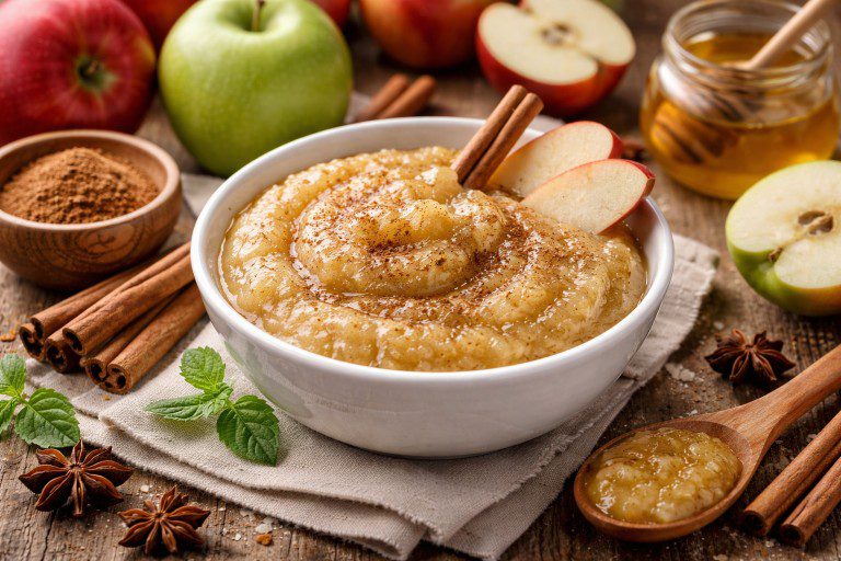 Homemade applesauce in a white bowl topped with cinnamon, surrounded by fresh apples, honey, and whole spices