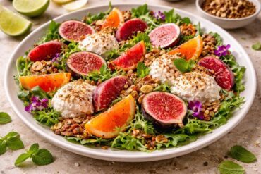 Mediterranean fig and blood orange salad with spiced ricotta mousse, mixed greens, and crunchy seed granola.