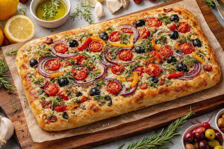 Freshly baked vegetable focaccia bread topped with cherry tomatoes, olives, red onions, bell peppers, and rosemary on a wooden board