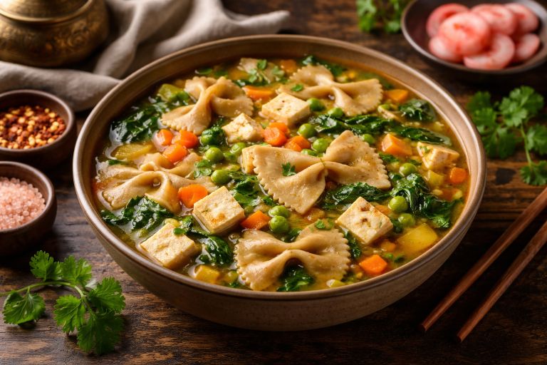 Vegetarian Chhutagi Ladakhi bow-tie pasta stew with tofu and vegetables