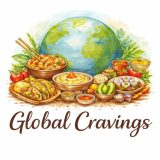 Global Cravings author illustration featuring global vegetarian dishes and a world map representing international cuisine.