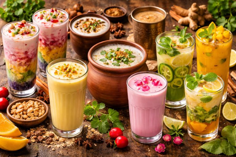 Indian Beverages Drinks Recipes featuring lassi, falooda, mocktails, and traditional Indian refreshing drinks on rustic table