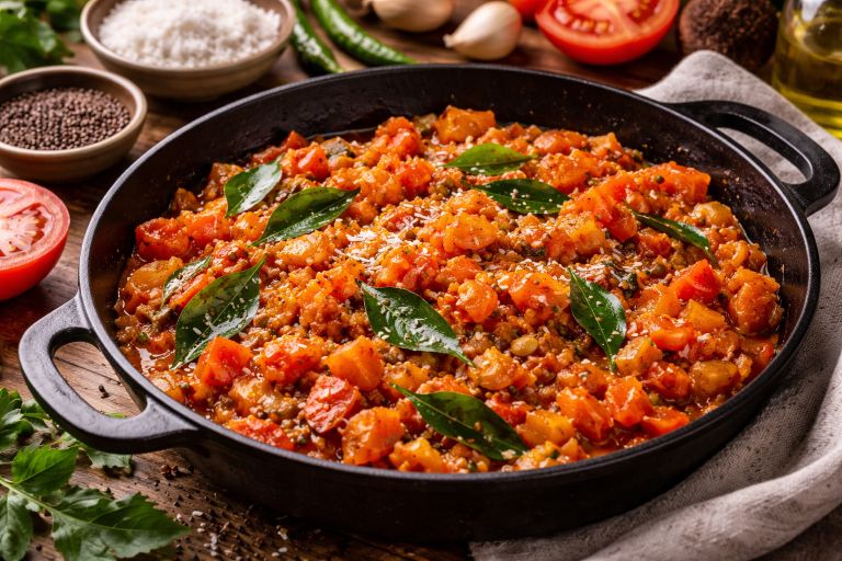 Tomato fry recipe Kerala style with curry leaves, spices, and coconut oil served in rustic pan