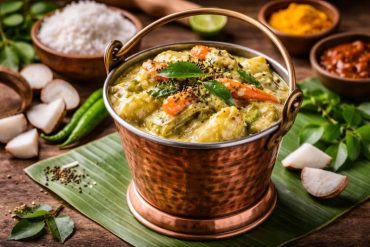 Avial recipe served in copper bucket with curry leaves and mustard seeds topping on banana leaf