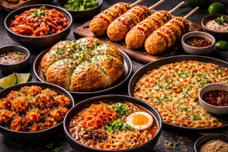 Vegetarian Korean food spread with kimchi, ramen, Korean corn dogs, garlic bread, gochujang cauliflower, and vegetable pancake
