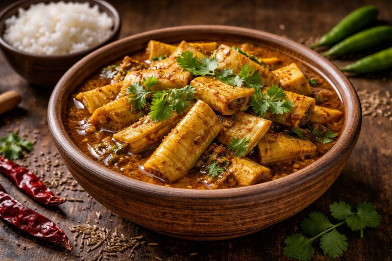 Bamboo shoot curry recipe served in rustic clay bowl with coriander garnish and steamed rice on wooden table
