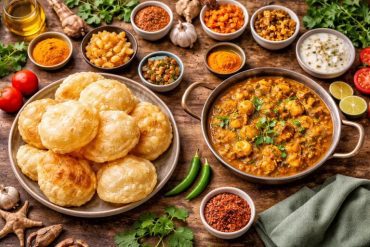 Luchi Aloo Dum recipe served with fluffy luchis and spicy Bengali potato curry on rustic wooden table