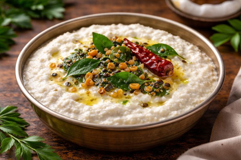 Coconut chutney recipe Kerala style with tempered mustard seeds, curry leaves, and coconut oil in a bowl