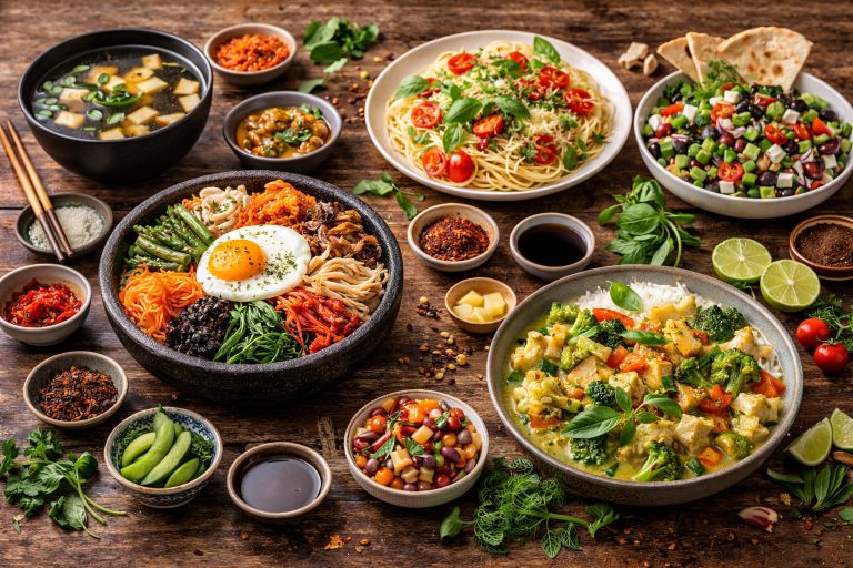 Vegetarian global cuisine recipes featuring miso soup, bibimbap, pasta, Mediterranean salad, and Thai curry on rustic wooden table