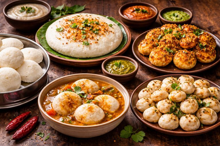 Idli recipe variations featuring steamed idli, thatte idli, podi idli, sambar idli, and mini button idli on rustic table