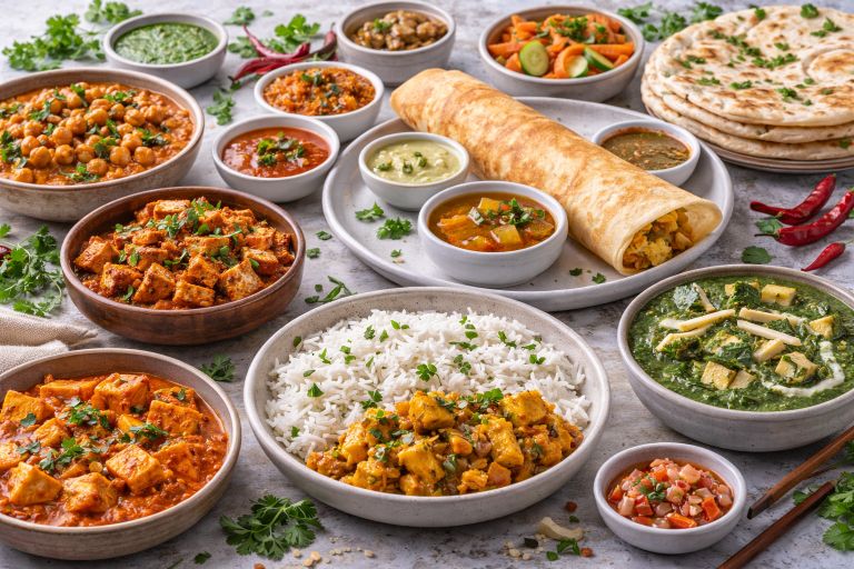 Indian regional vegetarian dishes including curries, rice, dosa, and breads on a table