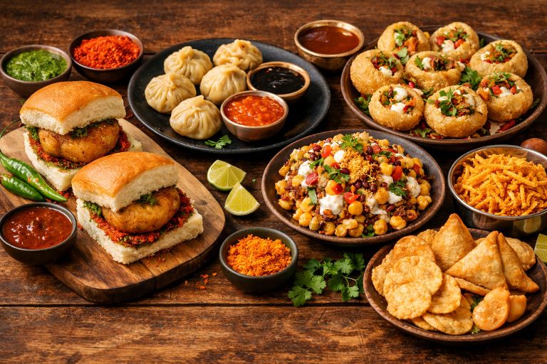Colorful Indian street food spread with vada pav, momos, pani puri, chaat, samosas, and crispy snacks on a rustic wooden table
