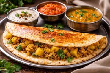 Masala dosa recipe served crispy with potato filling, coconut chutney, tomato chutney, and sambar on the side