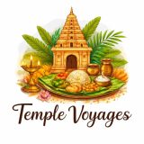 Temple Voyages author illustration featuring a traditional Indian temple and prasadam food offering.