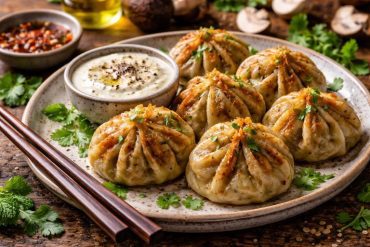 Truffle mushroom momos recipe with black pepper truffle aioli served on plate with crispy dumplings and creamy dip