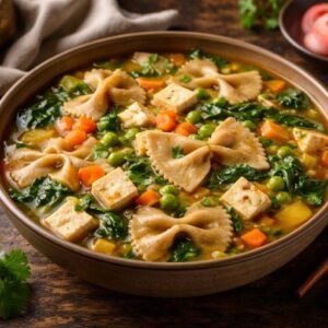 Vegetarian Chhutagi Ladakhi bow-tie pasta stew with tofu and vegetables