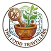 The Food Travellers logo featuring a mortar and pestle, green herbs, spice elements and global culinary symbols