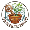 The Food Travellers logo featuring a mortar and pestle, green herbs, spice elements and global culinary symbols
